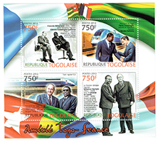 Bloc-feuillet de quatre timbres-poste togolais à 750 F, émis en 2012
