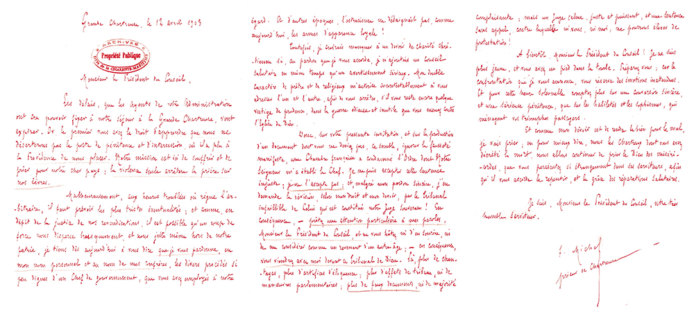 Lettre du prieur de la Chartreuse F.Michel à Émile Combes, 12 avril 1903, Archives départementales de la Charente-Maritime, 13 J 77.