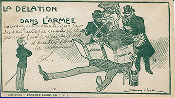 "La délation dans l'armée", carte postale, [1904-1905], fonds Lefébure