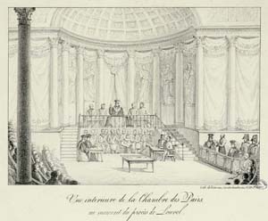 Vue intérieure de la Chambre des pairs au moment du procès Louvel. La salle des séances est transformée en tribunal, pour juger l'assassin du duc de Berry en juin 1820. Référence Sénat 1035 (GR054-A).